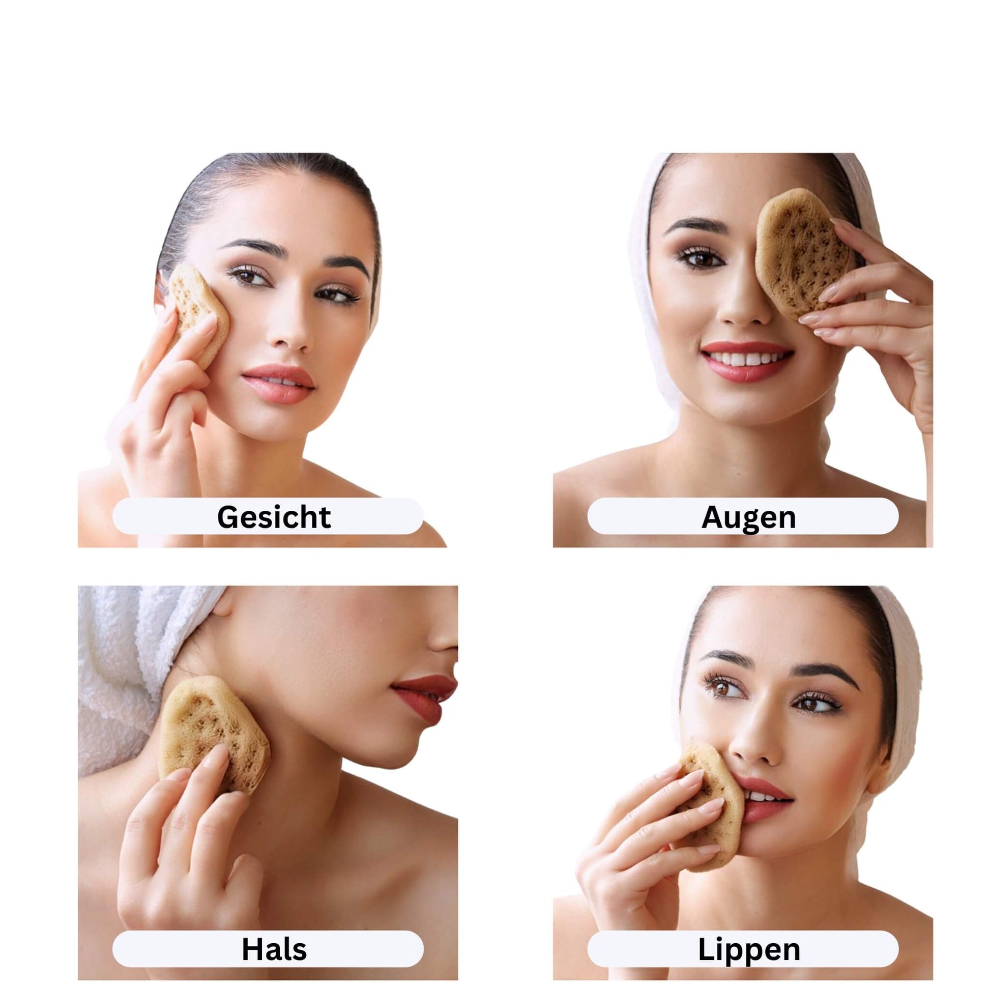 Vier Anwendungsbereiche für Gesichtsschwamm aus Naturschwamm: Gesicht, Augen, Hals und Lippen werden sanft gereinigt