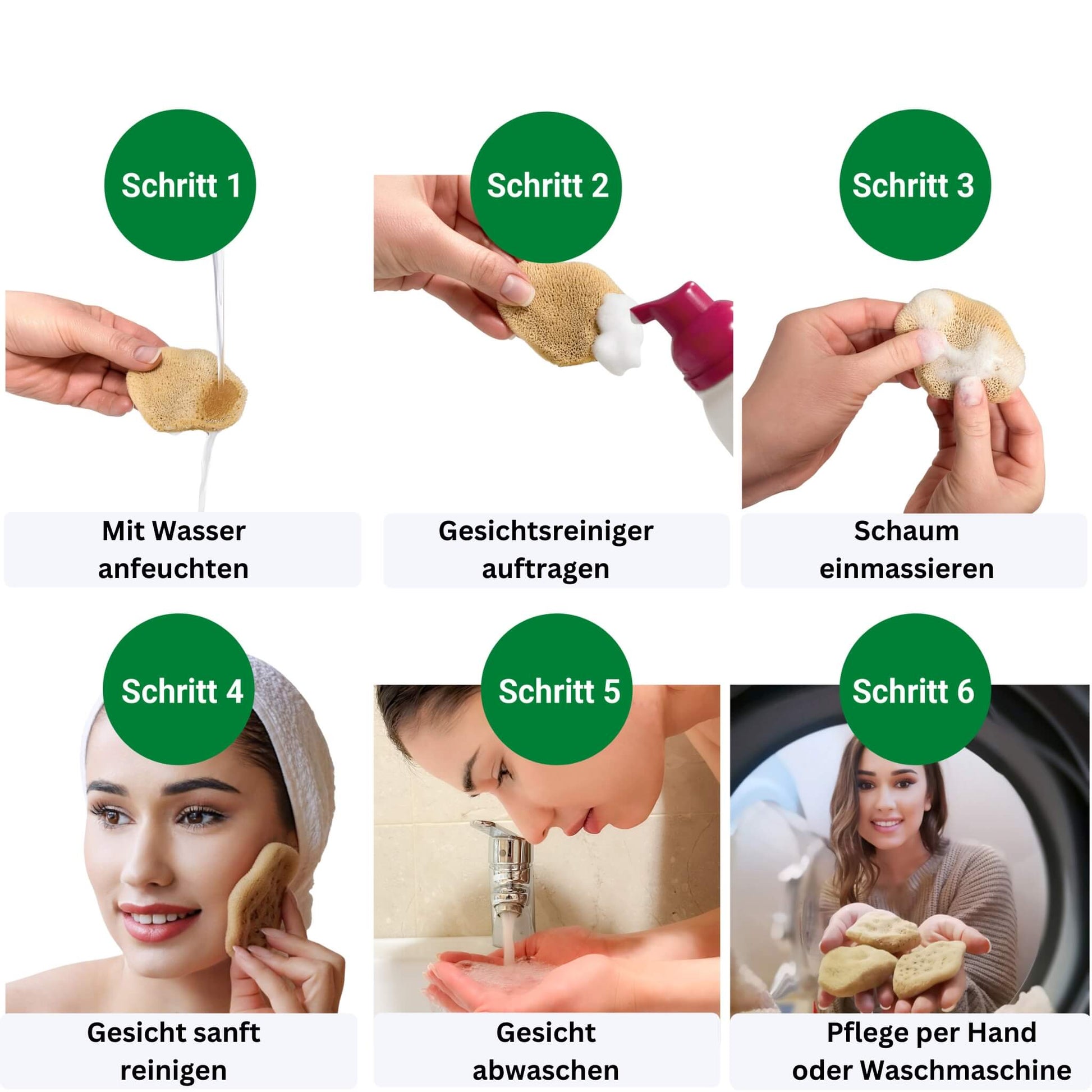 Anleitung zur Anwendung eines Gesichtsschwamms aus Naturschwamm in sechs Schritten mit Bildern von Reinigung und Pflege