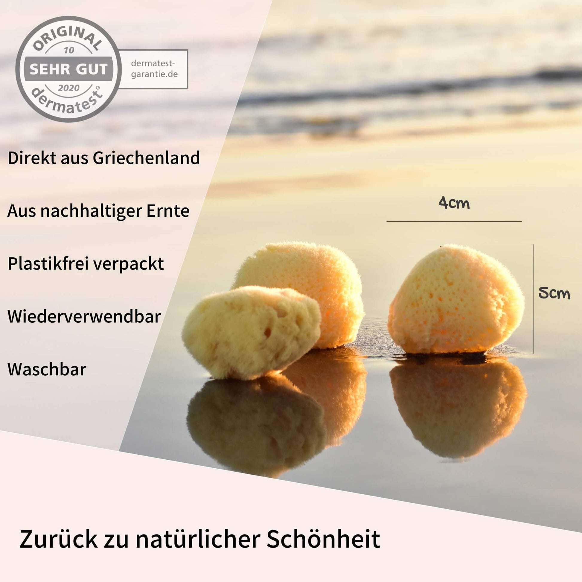 Drei kleine Kosmetikschwämme am Strand mit Größenangabe, ideal für natürliche Gesichtspflege – direkt aus Griechenland, plastikfrei und waschbar