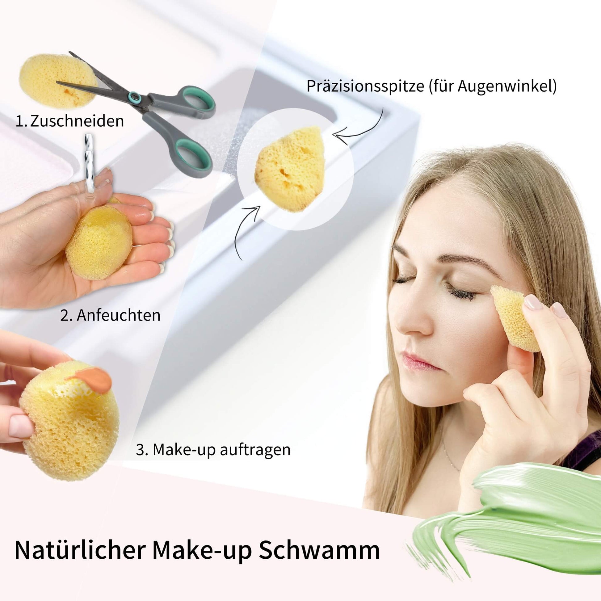 Anwendung eines natürlichen Kosmetikschwamms zum Auftragen von Make-up mit Anleitung: zuschneiden, anfeuchten, auftragen