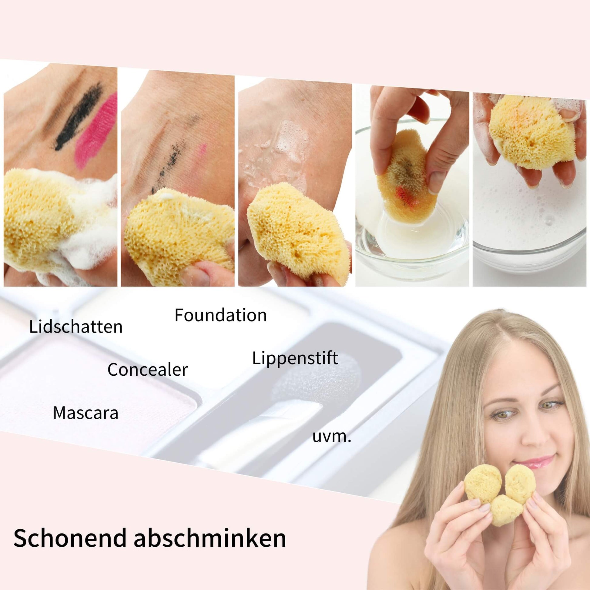Anleitung zur sanften Make-up-Entfernung mit Kosmetikschwamm aus Naturschwamm – ideal für Lidschatten, Foundation, Lippenstift und mehr