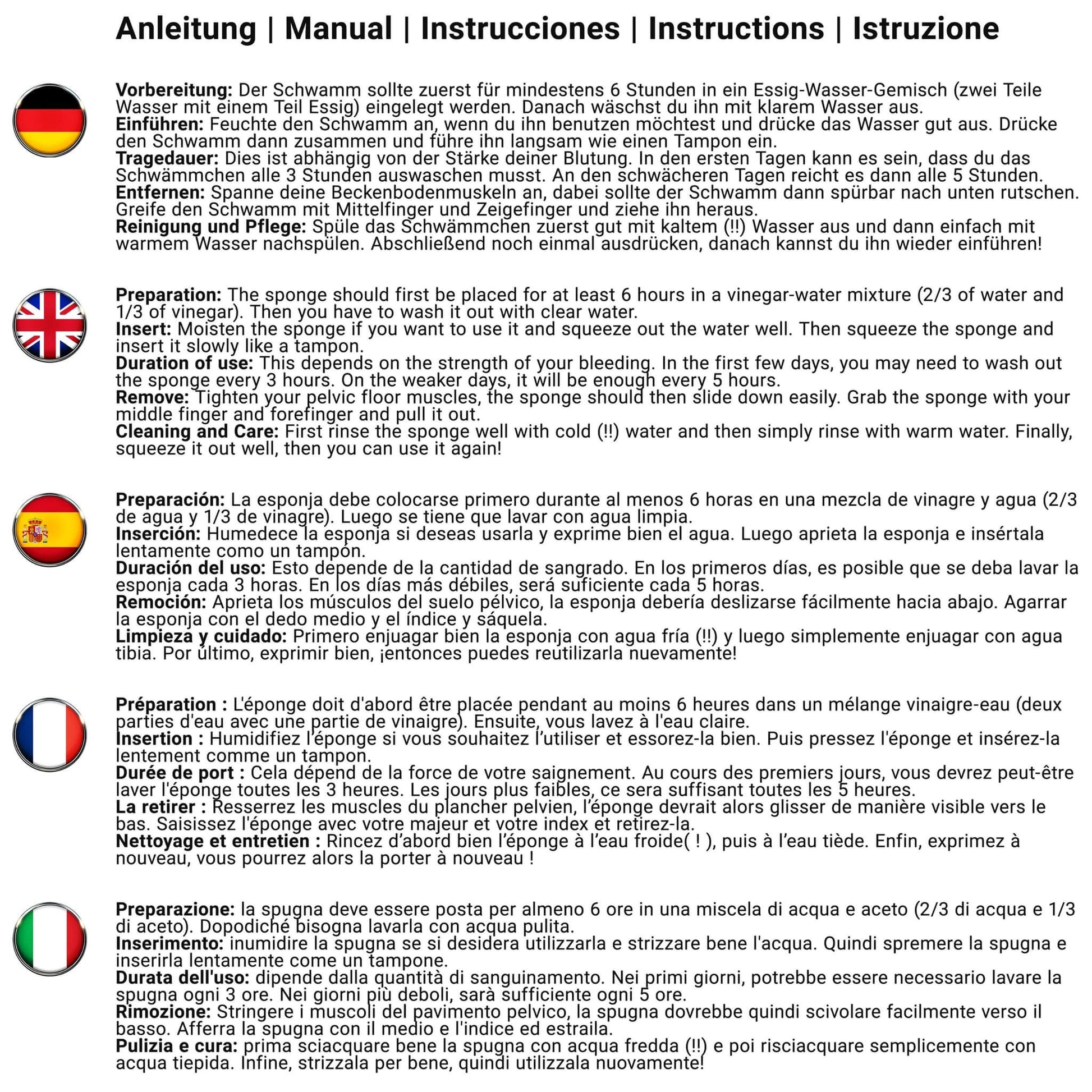 Mehrsprachige Anleitung zur Anwendung des Menstruationsschwamms in Deutsch, Englisch, Spanisch, Französisch und Italienisch