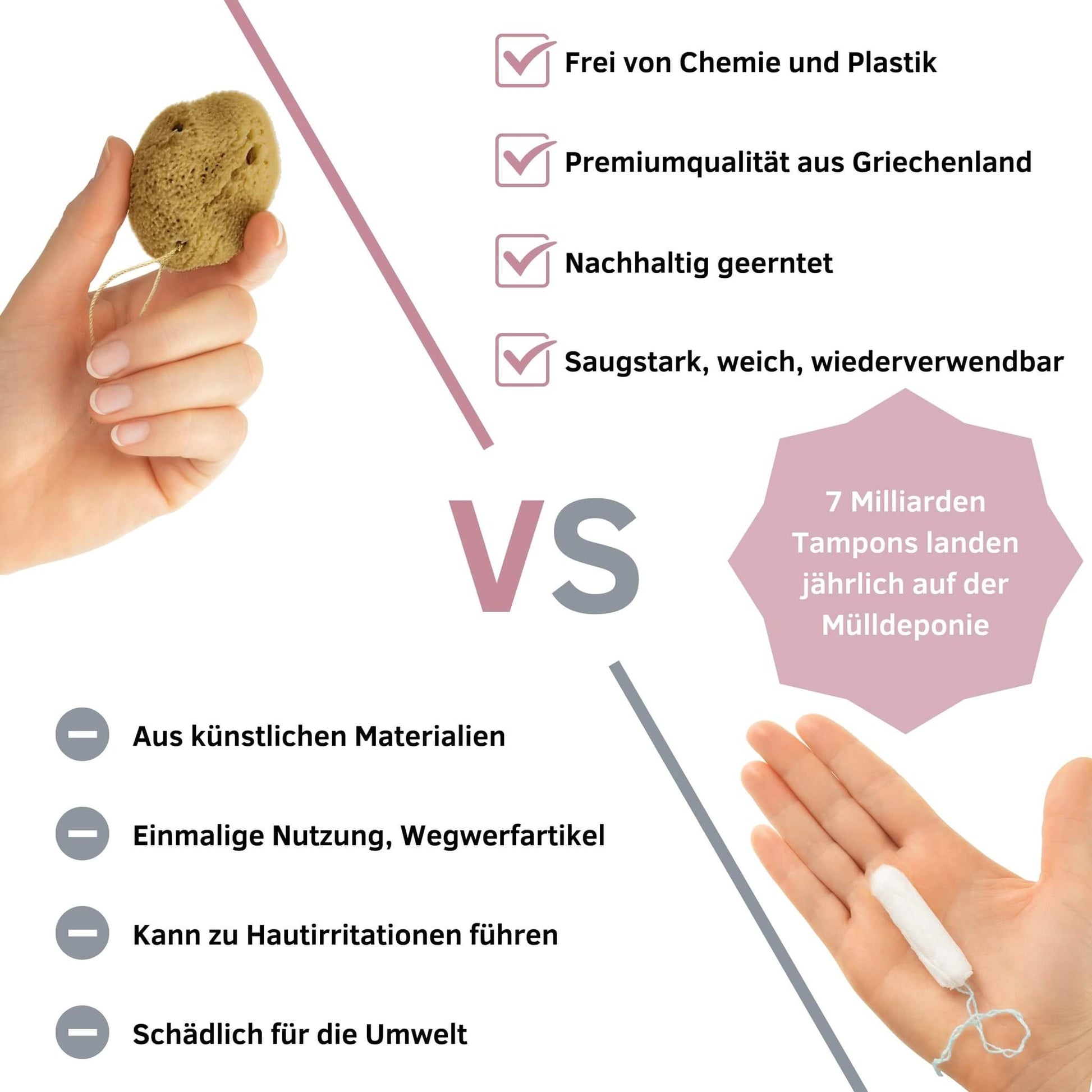 Vergleich Menstruationsschwamm vs. Tampon – umweltfreundlich, weich und wiederverwendbar im Gegensatz zu Wegwerfprodukten aus Kunststoff