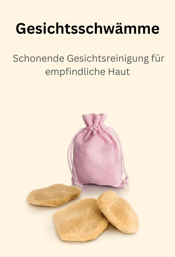 Gesichtsschwämme aus Naturschwamm neben einem rosa Beutel – schonende Abschminkschwämme für empfindliche Haut.