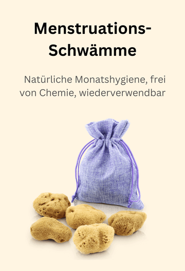 Menstruationsschwämme als natürliche Monatshygiene – Periodenschwämme, wiederverwendbar und frei von Chemie, mit lila Beutel.