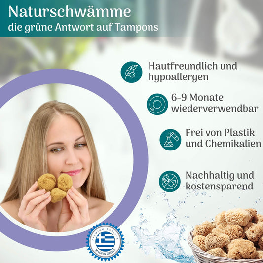 Frau hält drei Menstruationsschwämme aus Naturschwamm in der Hand, daneben Informationen über die Vorteile der Naturschwämme: hautfreundlich und hypoallergen, 6-9 Monate wiederverwendbar, frei von Plastik und Chemikalien, nachhaltig und kostensparend.