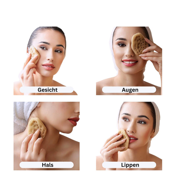 Vier Anwendungsbereiche für Gesichtsschwamm aus Naturschwamm: Gesicht, Augen, Hals und Lippen werden sanft gereinigt