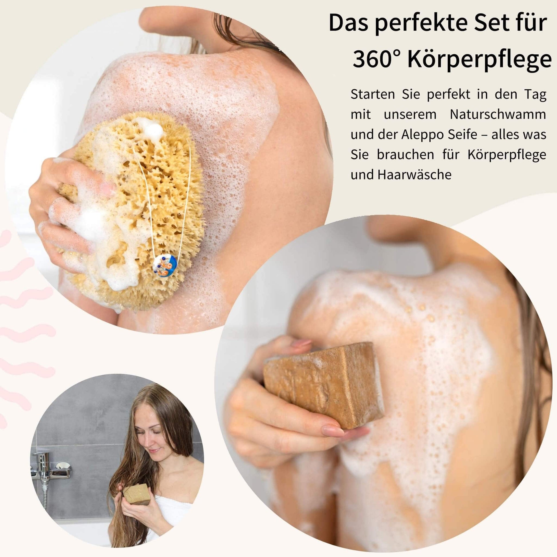 Frau verwendet einen großen Naturschwamm mit Seifenschaum zur Körperpflege, ergänzt durch Aleppo Seife für Haut und Haare