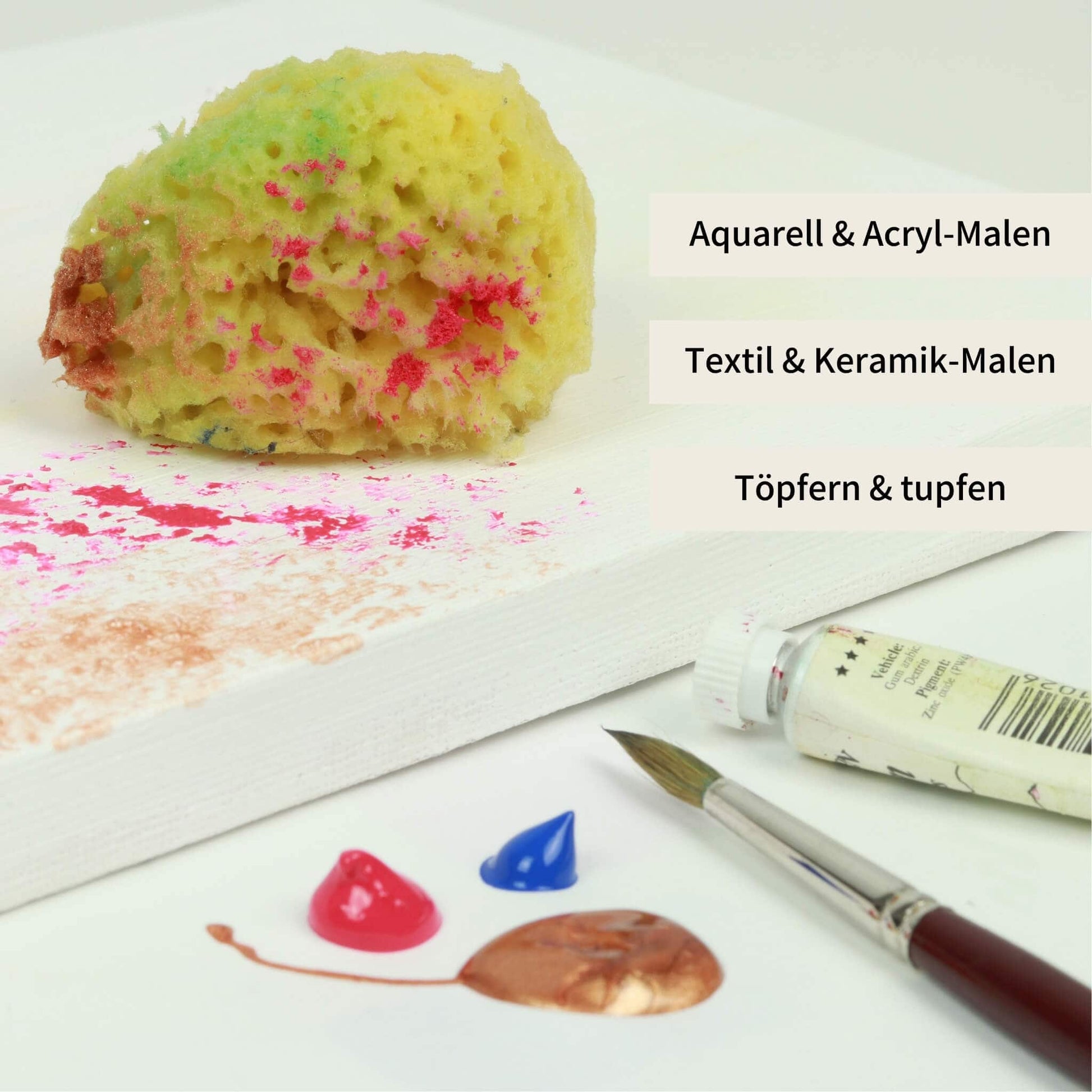 Bunter Naturschwamm mit Farbspuren – geeignet für Aquarell-, Acryl-, Textil- und Keramik-Malerei sowie zum Töpfern und Tupfen