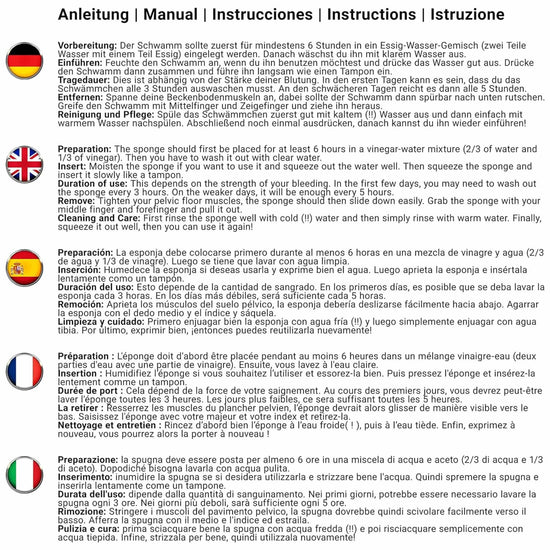 Mehrsprachige Anleitung zur Anwendung des Menstruationsschwamms in Deutsch, Englisch, Französisch, Spanisch und Italienisch