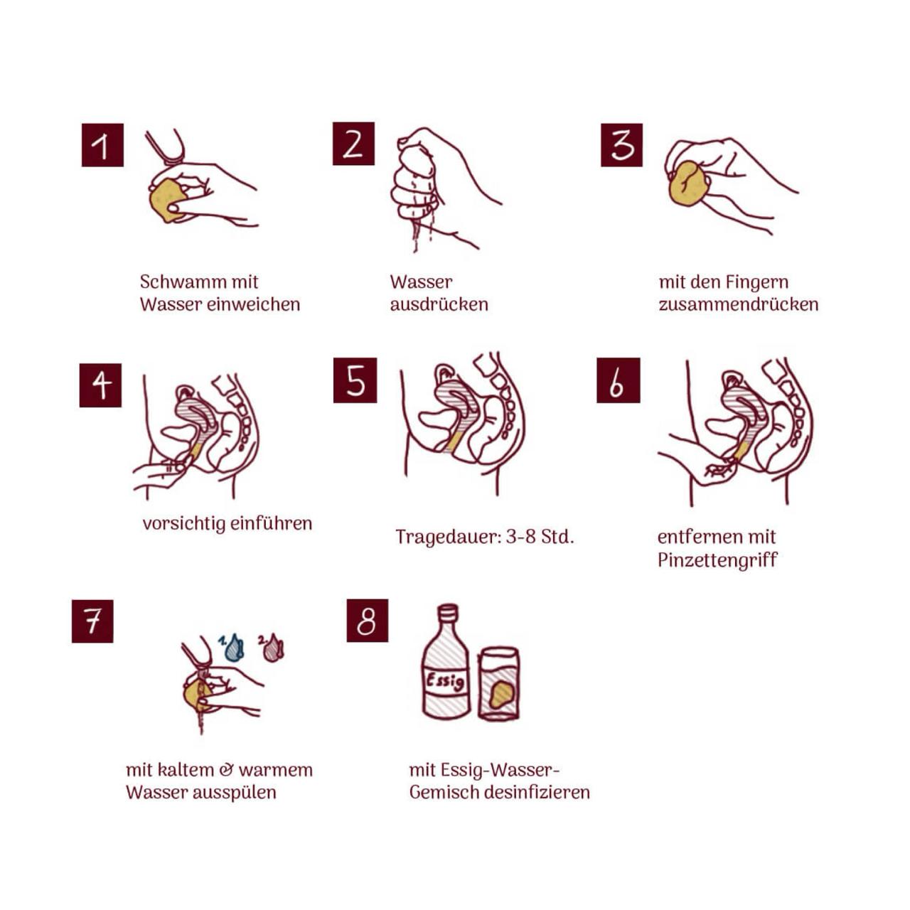 Mobile Schritt-für-Schritt-Anleitung zur Verwendung und Reinigung eines Menstruationsschwamms aus Naturschwamm