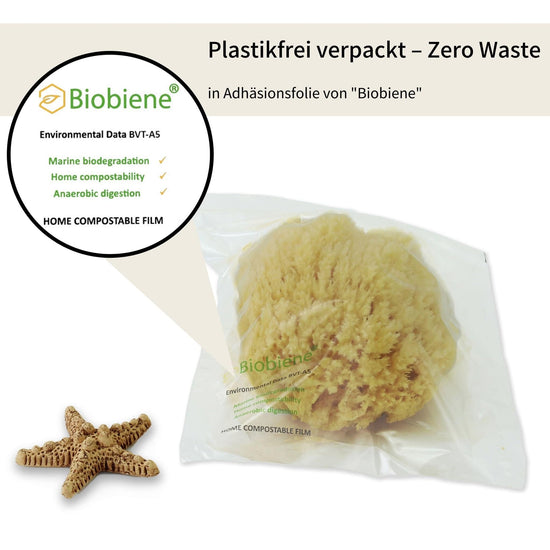 Naturschwamm umweltfreundlich in kompostierbarer Biobiene-Folie verpackt, plastikfrei und ideal für Zero-Waste-Haushalte