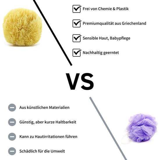 Vergleich zwischen natürlichem Naturschwamm und synthetischem Duschpuschel, mit Vorteilen für sensible Haut und nachhaltige Körperpflege