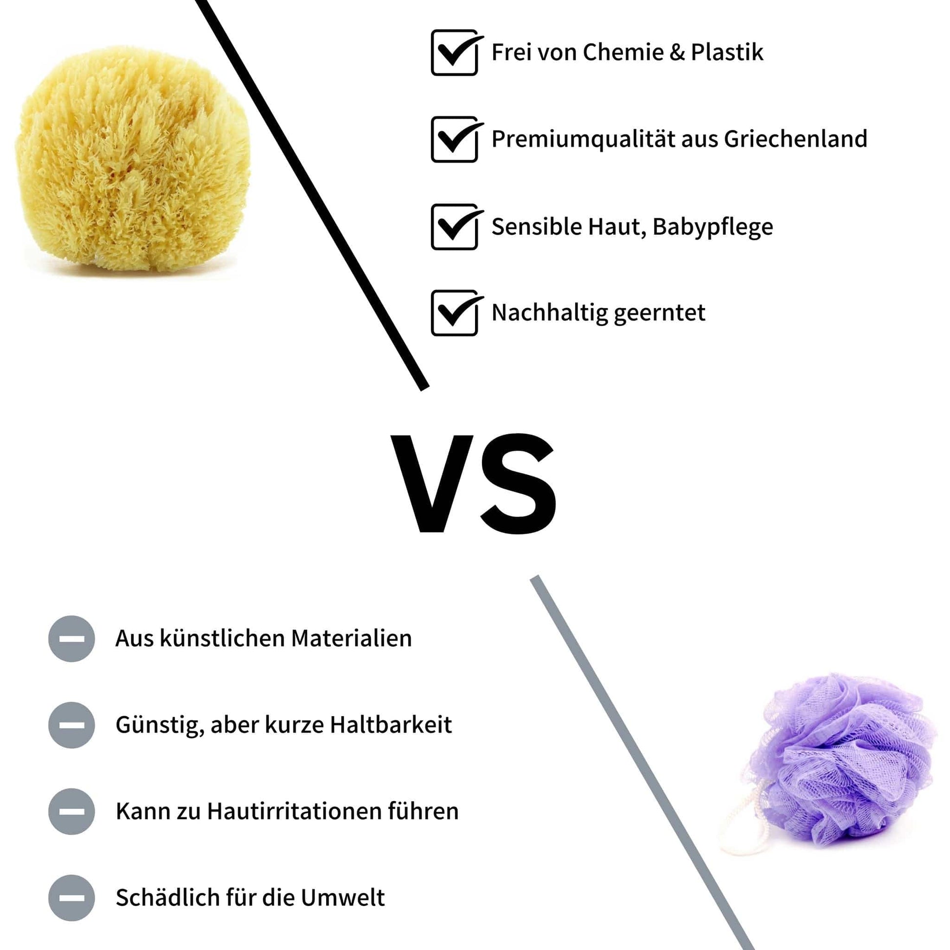 Vergleich zwischen natürlichem Naturschwamm und synthetischem Duschpuschel, mit Vorteilen für sensible Haut und nachhaltige Körperpflege