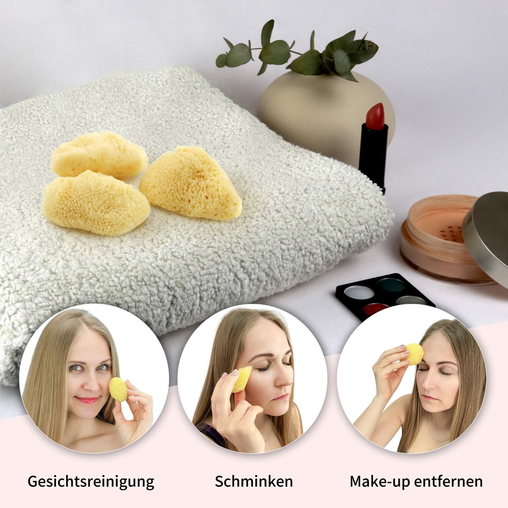 Kosmetikschwamm auf einem Handtuch mit Anwendungsmöglichkeiten: Gesichtsreinigung, Schminken und Make-up-Entfernung - tom&pat